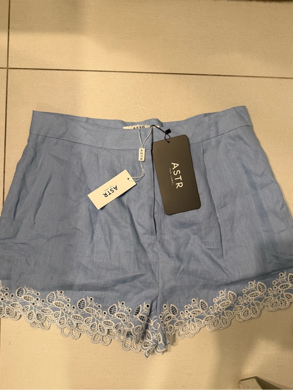 ASTR Light Blue Lace-Hem High Waist Women's Shorts